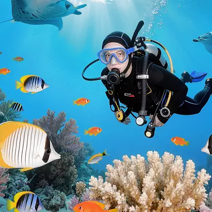 Taucher im Korallenriff der Malediven